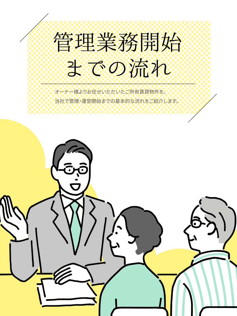 管理業務開始までの流れ　オーナー様よりお任せいただいたご所有賃貸物件を、当社で管理・運営開始までの基本的な流れをご紹介します。